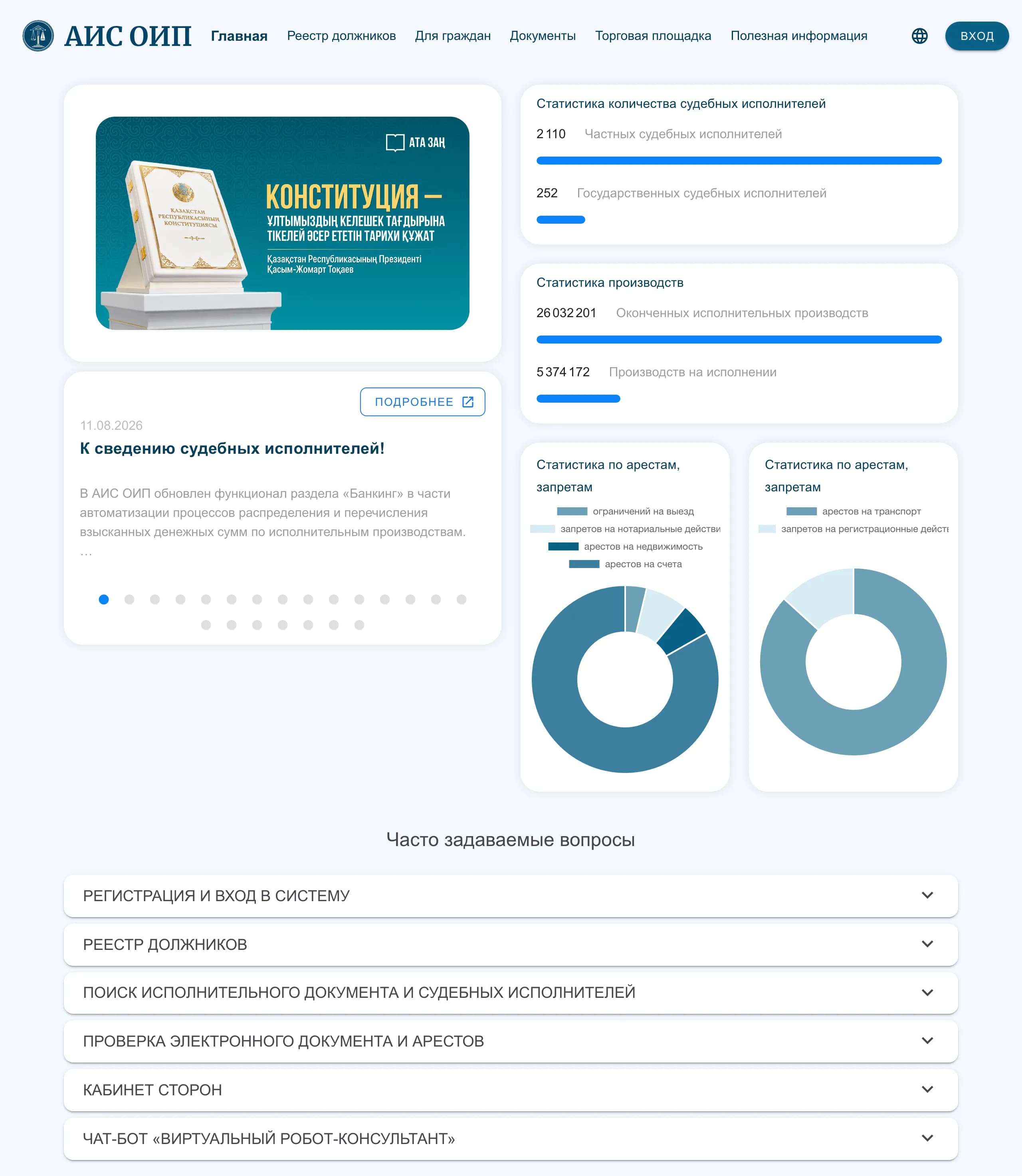 Главная aisoip.adilet.gov.kz: меню, статистика судебных исполнителей и производств, шесть разделов FAQ